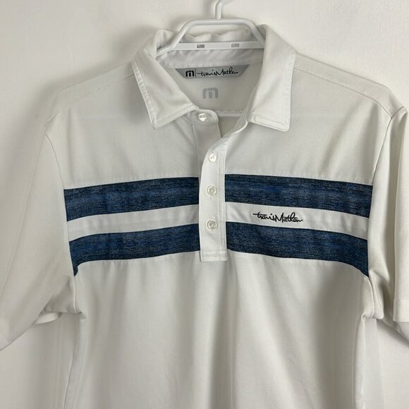 Travis Mathew White Polo Golf Shirt with Blue Front Stripe - Picture 3 of 9